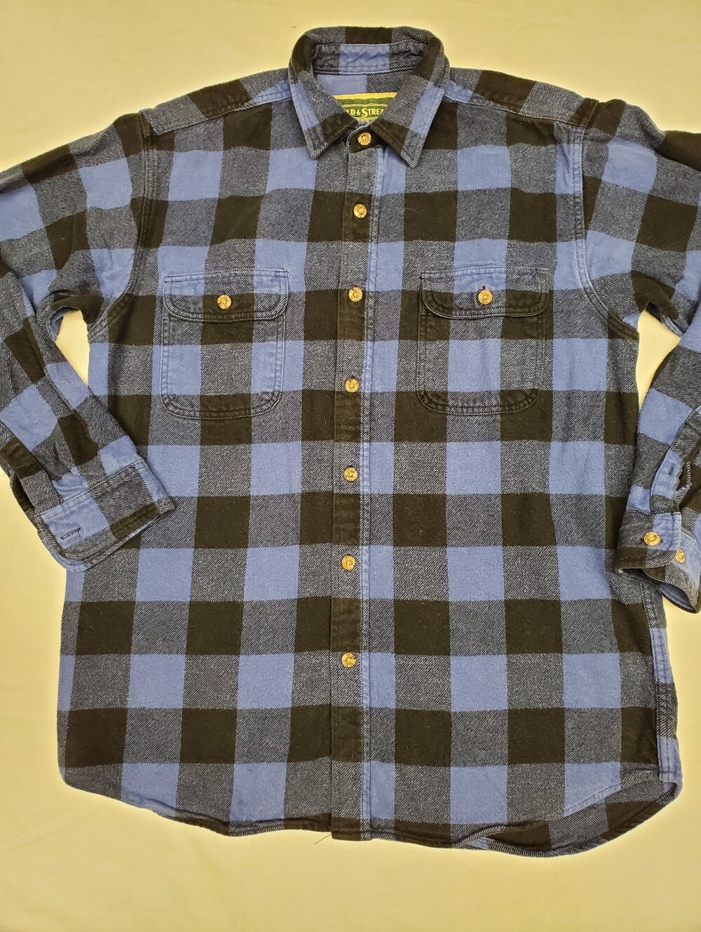 Field & Stream Flannel Shirt Blue Black Buffalo Plaid Mens L/XL Snap Buttons